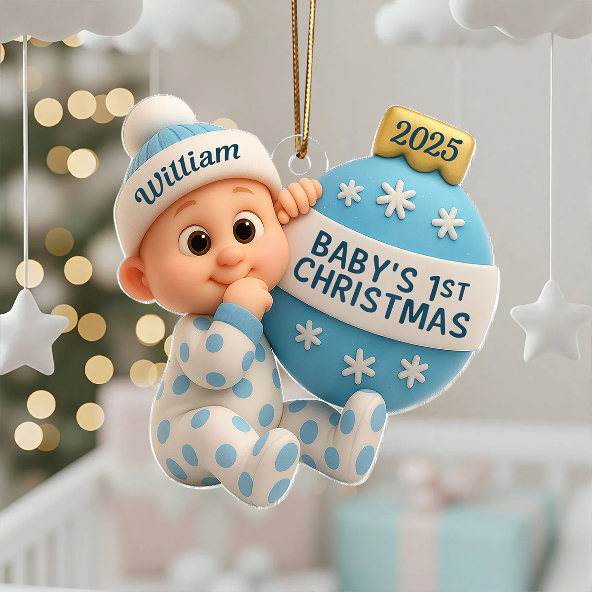 3D Effect Cute Cartoon Baby Beside Christmas Bauble Baby's 1st Christmas Personalized Acrylic Flat Ornament - Image 4
