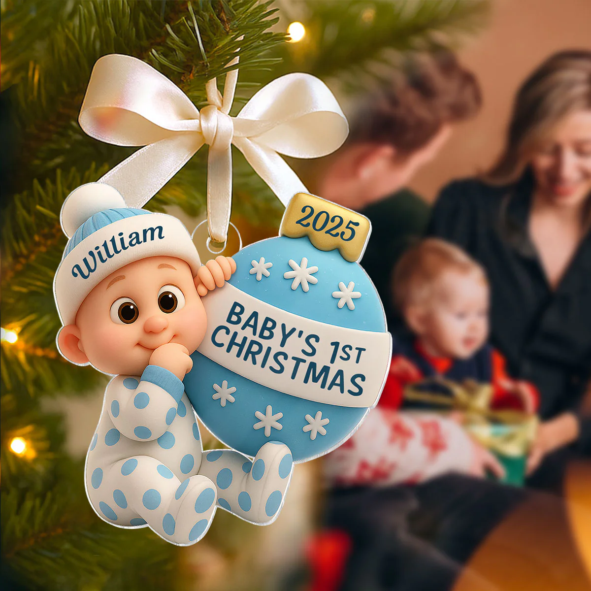 3D Effect Cute Cartoon Baby Beside Christmas Bauble Baby's 1st Christmas Personalized Acrylic Flat Ornament - Image 5