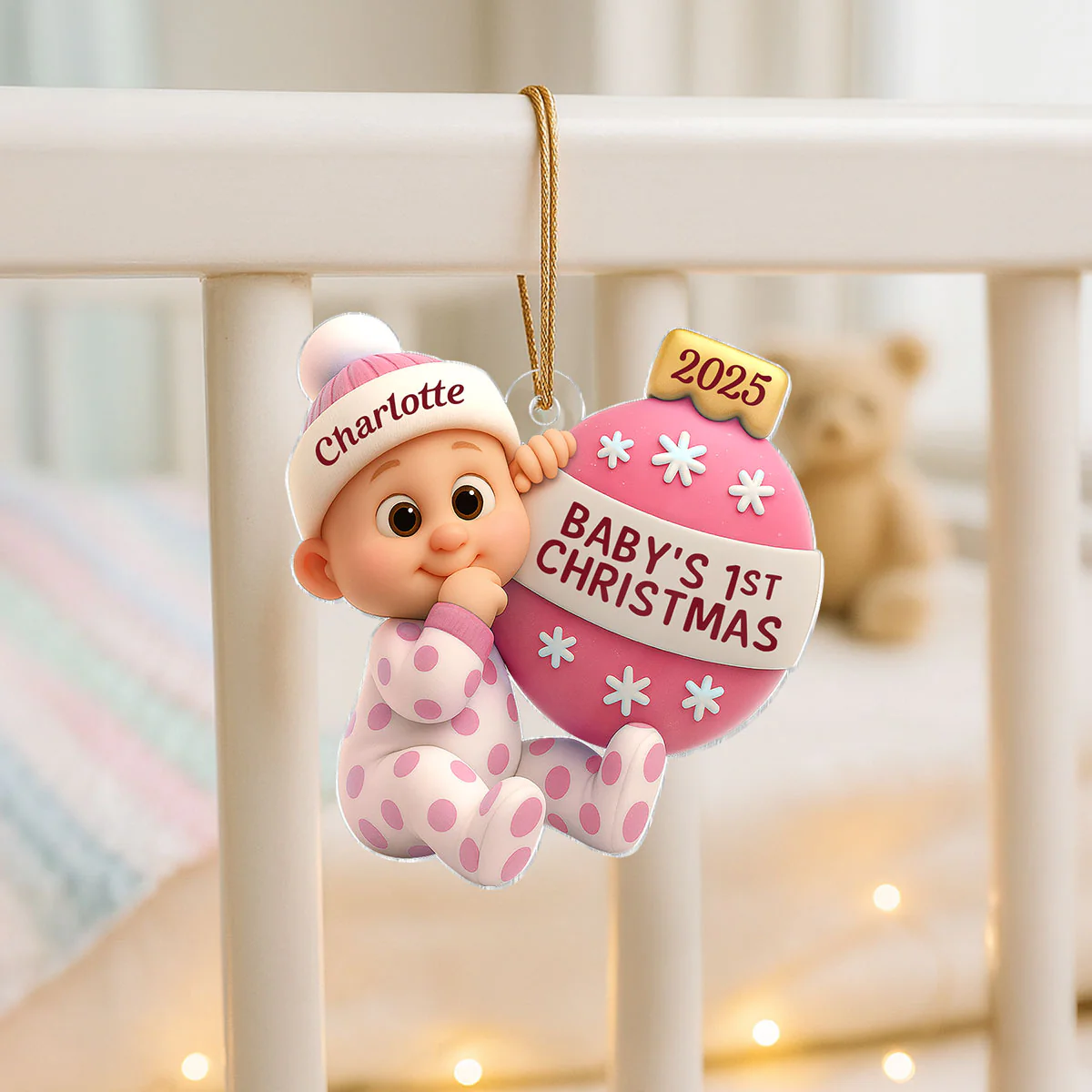 3D Effect Cute Cartoon Baby Beside Christmas Bauble Baby's 1st Christmas Personalized Acrylic Flat Ornament - Image 6