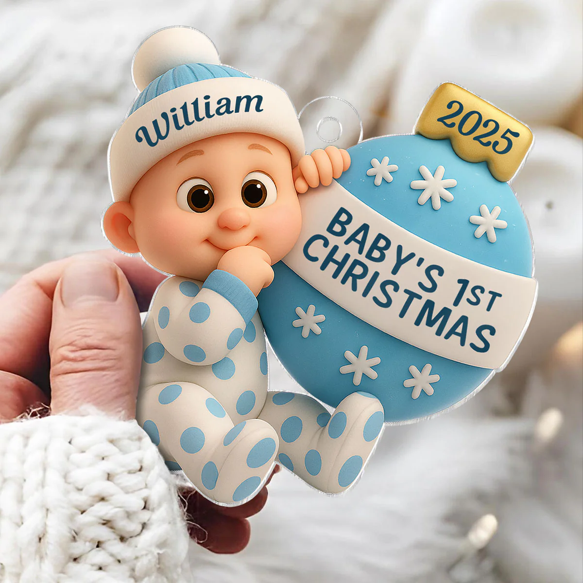 3D Effect Cute Cartoon Baby Beside Christmas Bauble Baby's 1st Christmas Personalized Acrylic Flat Ornament - Image 8