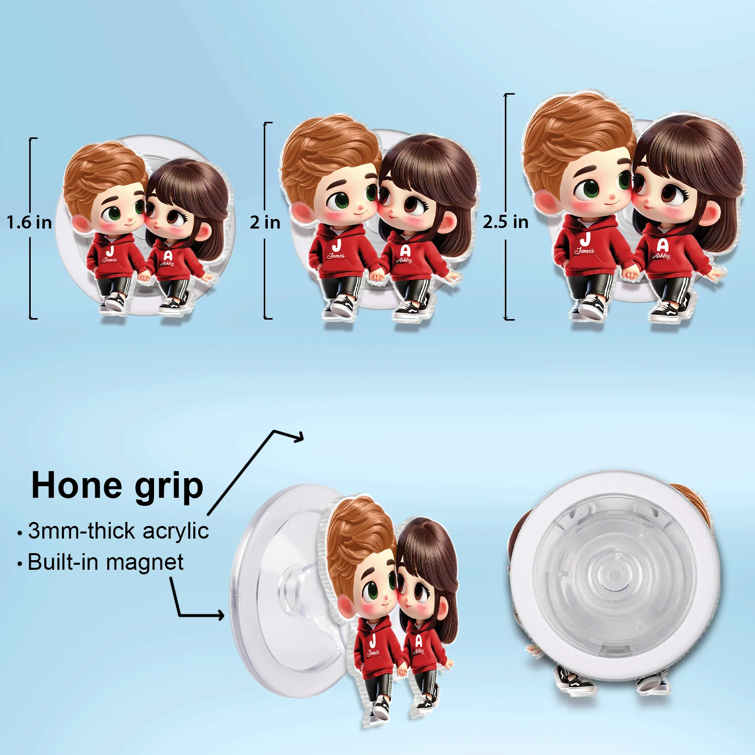 3D Effect Cute Cartoon Couple Holding Hands - Personalized Acrylic Magnetic Phone Grip - Matching Phone Grips for Couples - Image 11