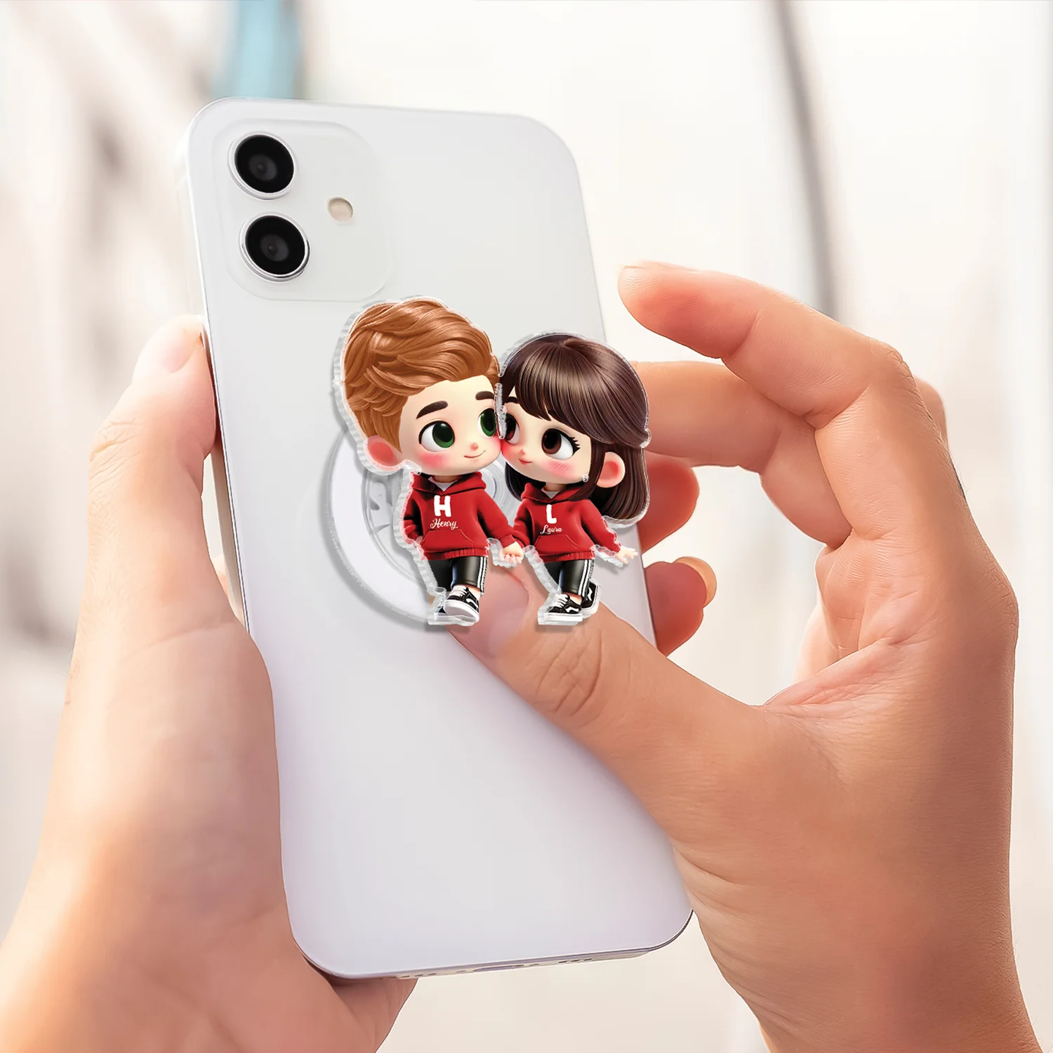 3D Effect Cute Cartoon Couple Holding Hands - Personalized Acrylic Magnetic Phone Grip - Matching Phone Grips for Couples - Image 2