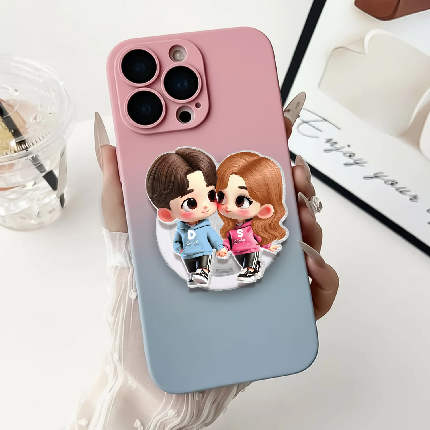 3D Effect Cute Cartoon Couple Holding Hands - Personalized Acrylic Magnetic Phone Grip - Matching Phone Grips for Couples - Image 5