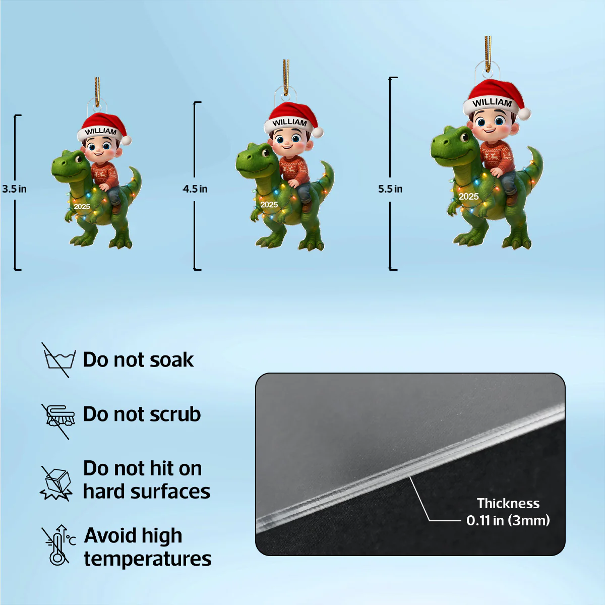 3D Effect Cute Cartoon Kid With Dinosaur Christmas - Personalized Acrylic Ornament - Unique Gift For Grandkids - Image 10
