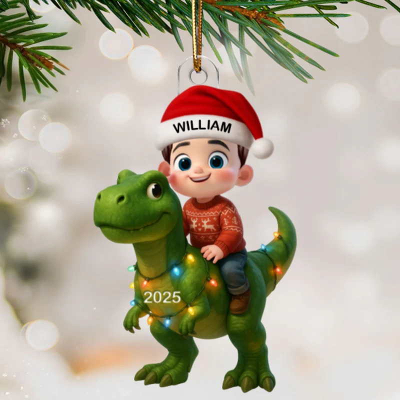 3D Effect Cute Cartoon Kid With Dinosaur Christmas - Personalized Acrylic Ornament - Unique Gift For Grandkids - Image 11