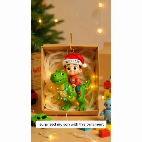 3D Effect Cute Cartoon Kid With Dinosaur Christmas - Personalized Acrylic Ornament - Unique Gift For Grandkids - Image 2