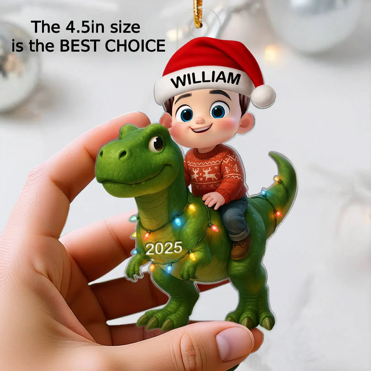 3D Effect Cute Cartoon Kid With Dinosaur Christmas - Personalized Acrylic Ornament - Unique Gift For Grandkids - Image 3