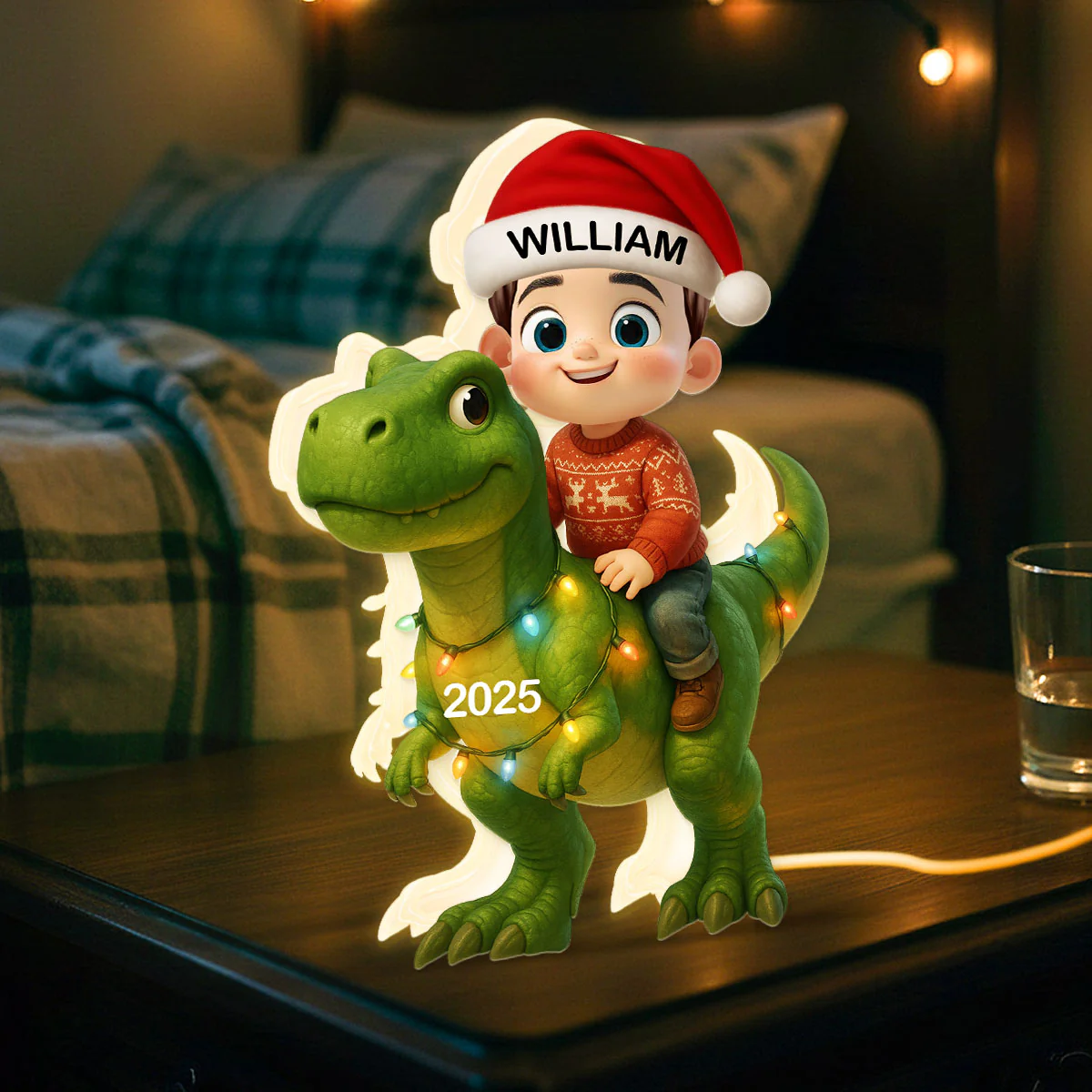 3D Effect Cute Cartoon Kid With Dinosaur Christmas Personalized LED Light Box - Image 2