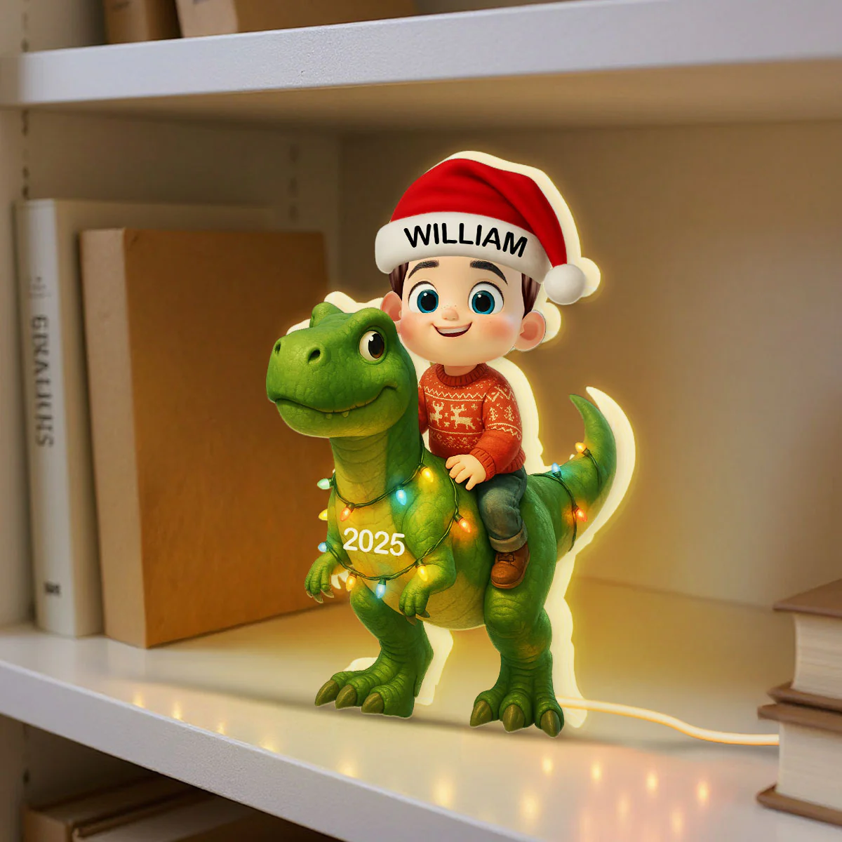 3D Effect Cute Cartoon Kid With Dinosaur Christmas Personalized LED Light Box - Image 3