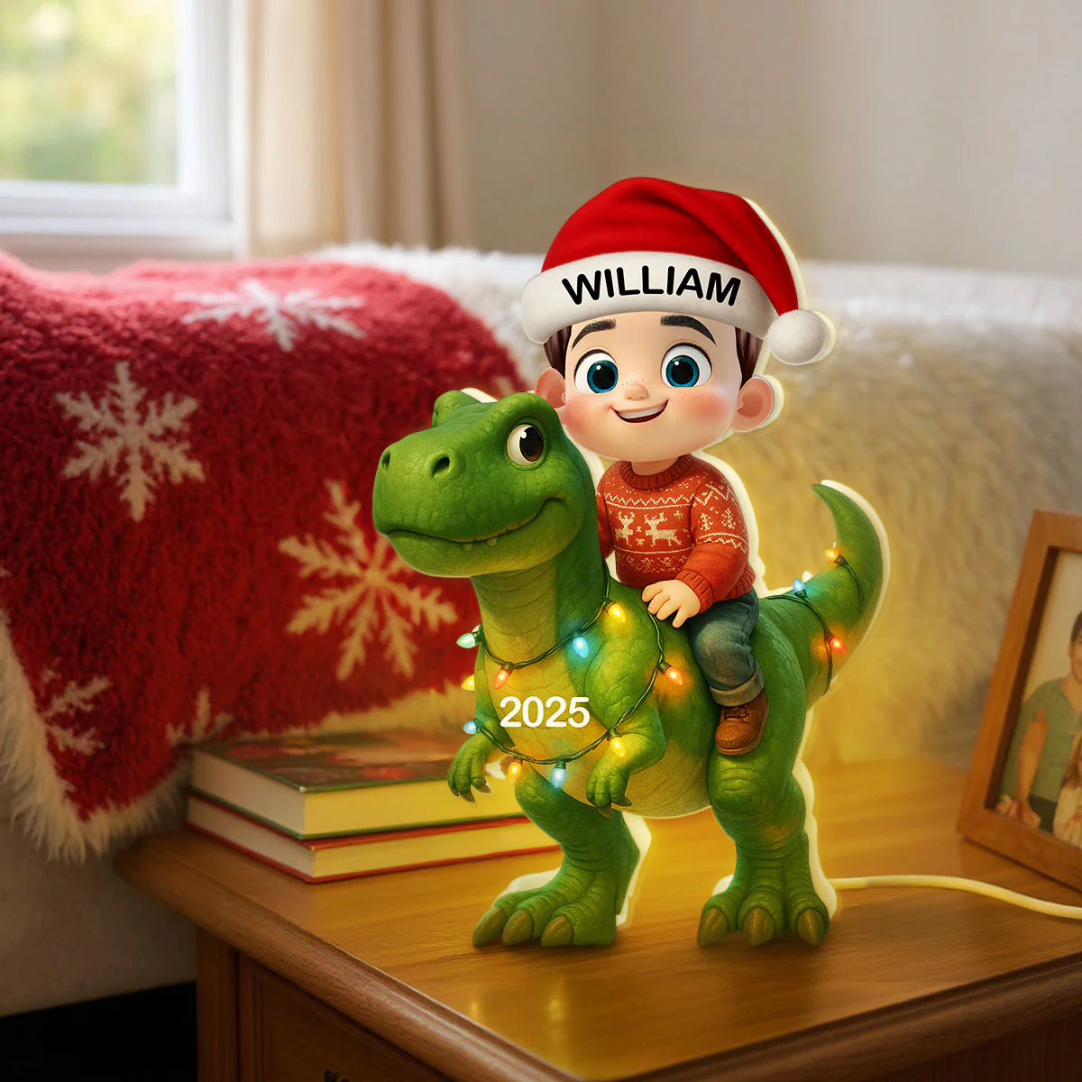 3D Effect Cute Cartoon Kid With Dinosaur Christmas Personalized LED Light Box - Image 4
