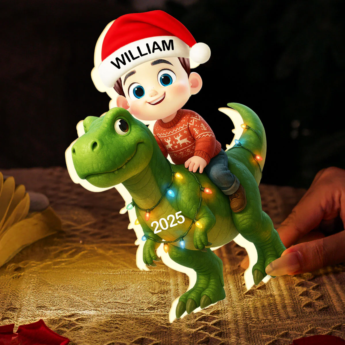 3D Effect Cute Cartoon Kid With Dinosaur Christmas Personalized LED Light Box - Image 5