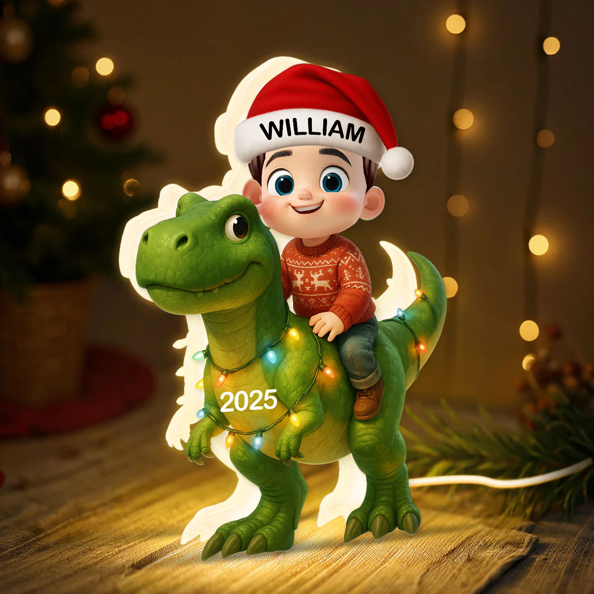 3D Effect Cute Cartoon Kid With Dinosaur Christmas Personalized LED Light Box - Image 7
