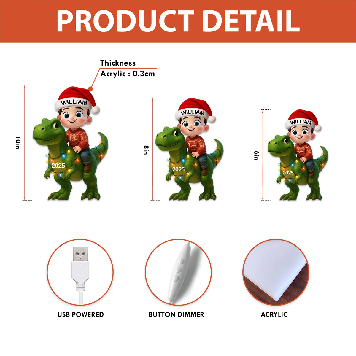 3D Effect Cute Cartoon Kid With Dinosaur Christmas Personalized LED Light Box - Image 8