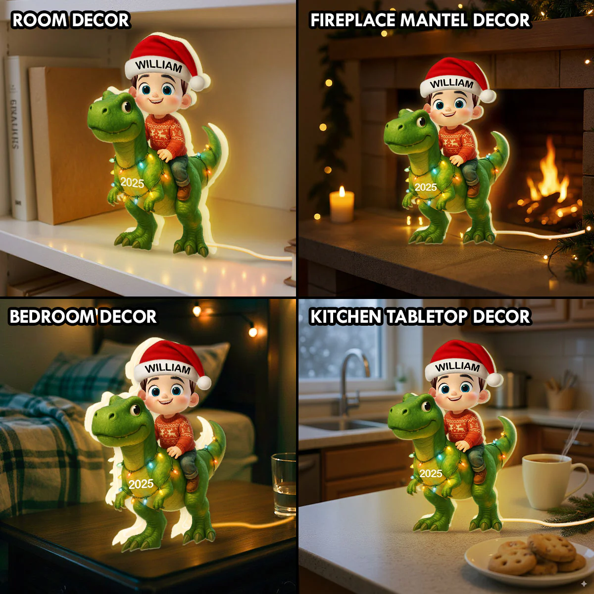 3D Effect Cute Cartoon Kid With Dinosaur Christmas Personalized LED Light Box - Image 9