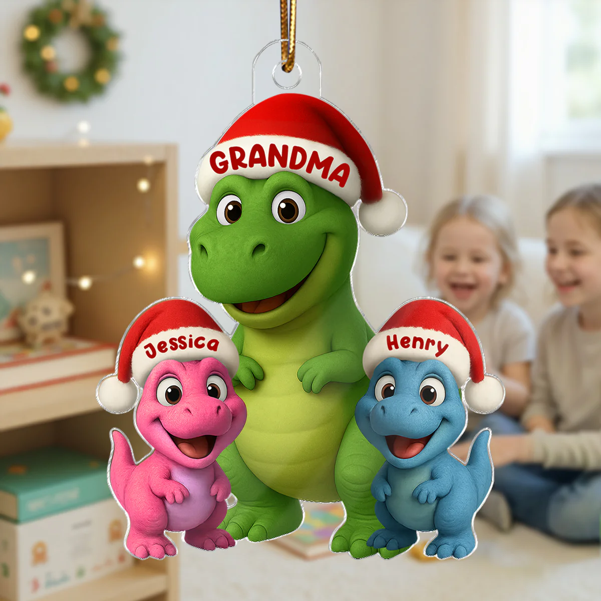 3D Effect Cute Christmas Dinosaur Grandmasaurus And Grandkids - Personalized Acrylic Ornament - Gift For Grandkids, Grandmas - Image 4