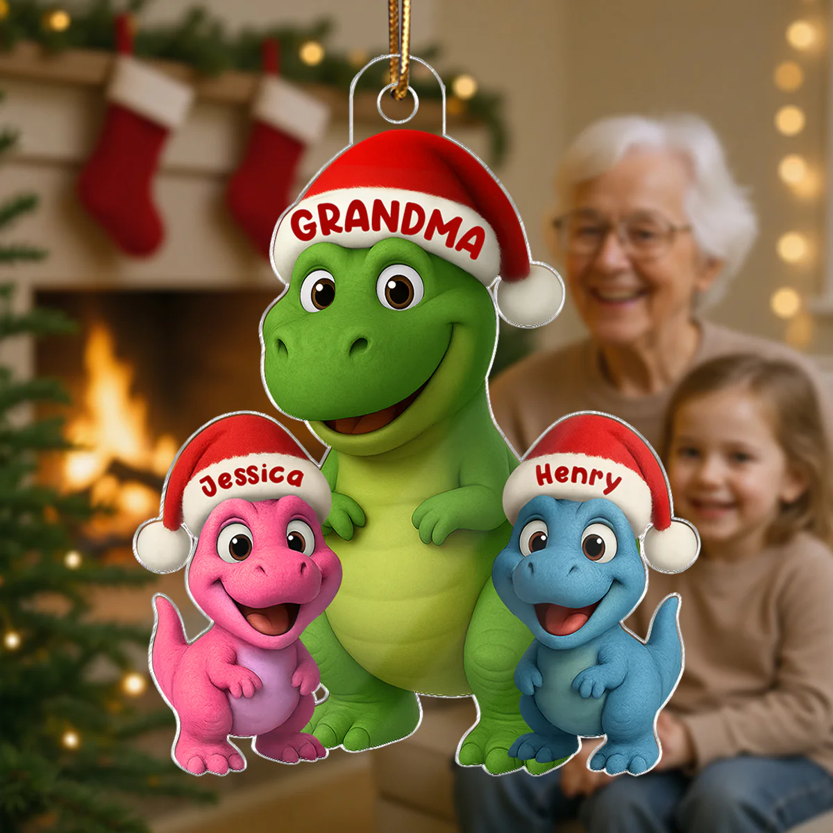 3D Effect Cute Christmas Dinosaur Grandmasaurus And Grandkids - Personalized Acrylic Ornament - Gift For Grandkids, Grandmas - Image 5