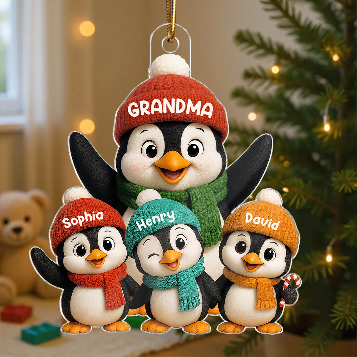 3D Effect Cute Christmas Penguins Grandma Grandkids - Personalized Acrylic Ornament - Image 2