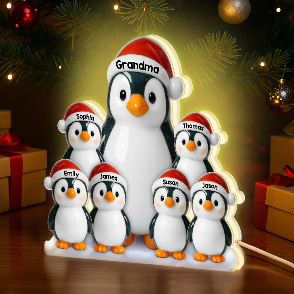 3D Effect Cute Christmas Penguins Grandma & Grandkids - Personalized Light Box - Image 2