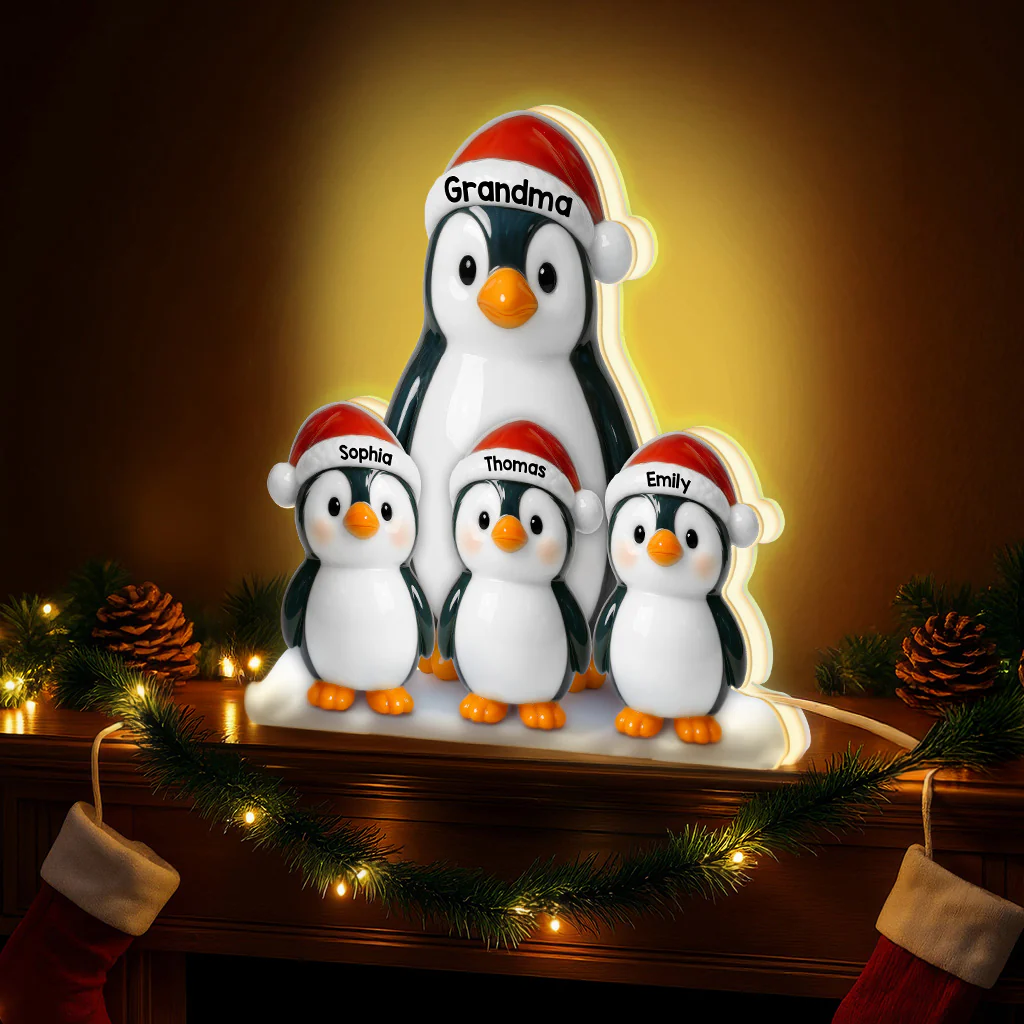 3D Effect Cute Christmas Penguins Grandma & Grandkids - Personalized Light Box - Image 3