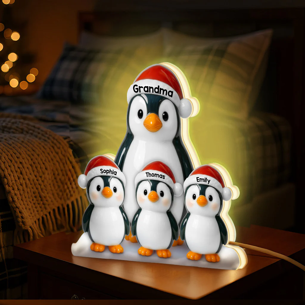 3D Effect Cute Christmas Penguins Grandma & Grandkids - Personalized Light Box - Image 4