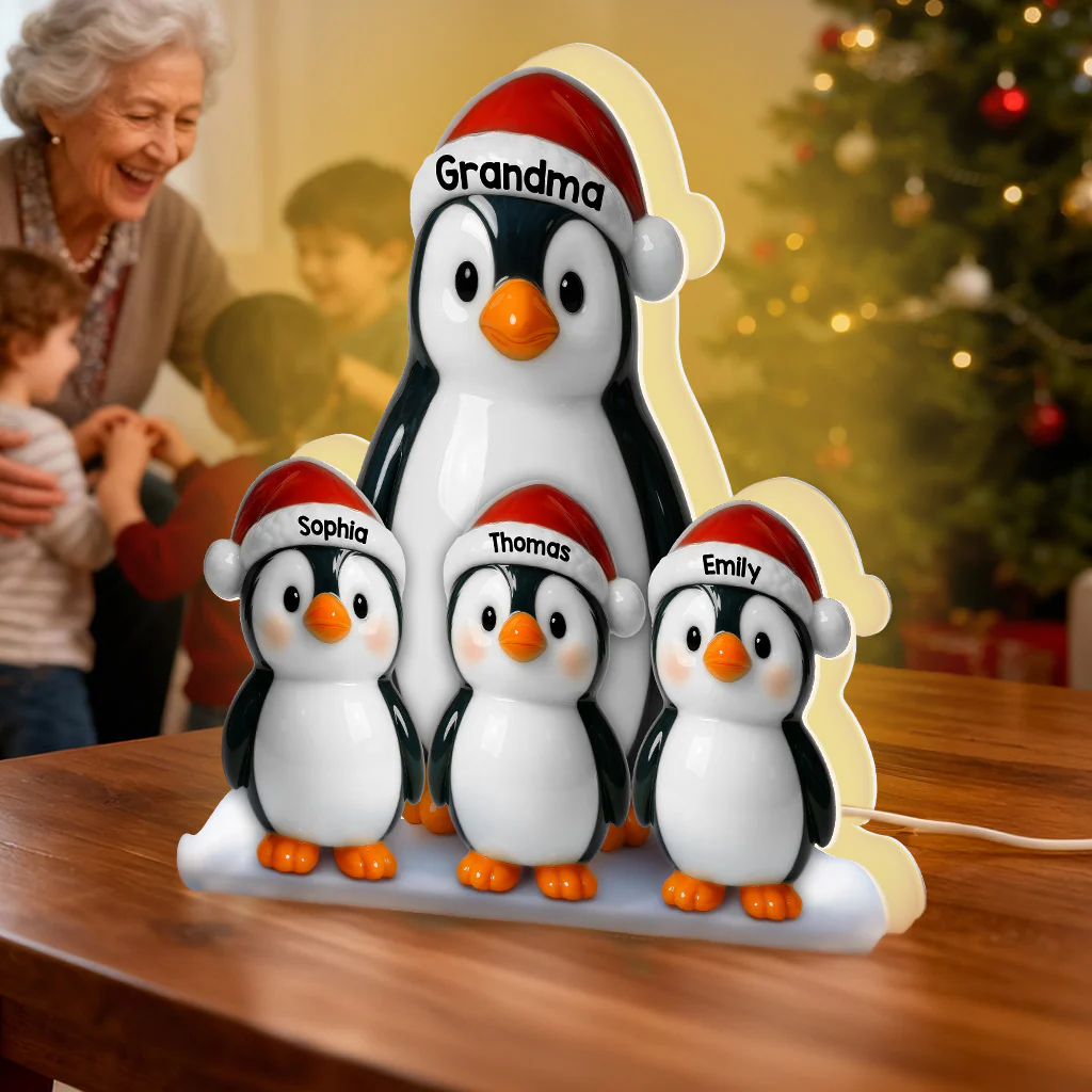 3D Effect Cute Christmas Penguins Grandma & Grandkids - Personalized Light Box - Image 5