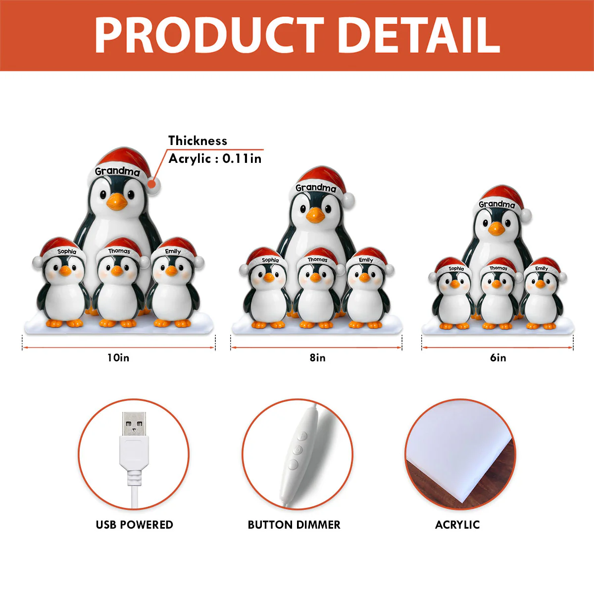 3D Effect Cute Christmas Penguins Grandma & Grandkids - Personalized Light Box - Image 7