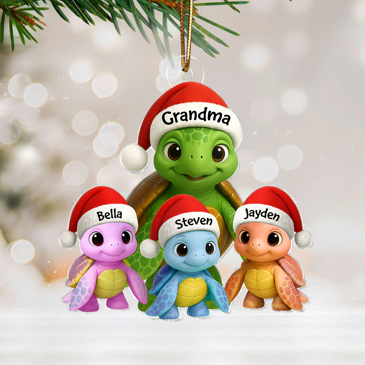 3D Effect Cute Christmas Sea Turtles Grandma And Grandkids - Personalized Acrylic Ornament