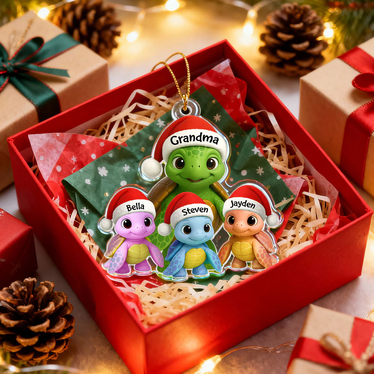 3D Effect Cute Christmas Sea Turtles Grandma And Grandkids - Personalized Acrylic Ornament - Image 10