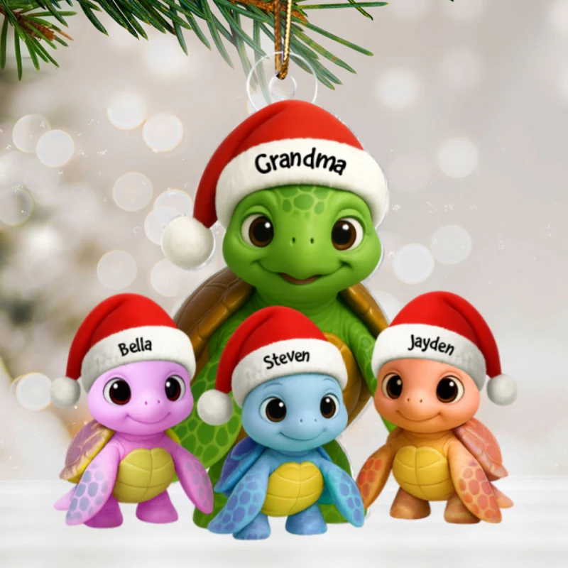 3D Effect Cute Christmas Sea Turtles Grandma And Grandkids - Personalized Acrylic Ornament - Image 12