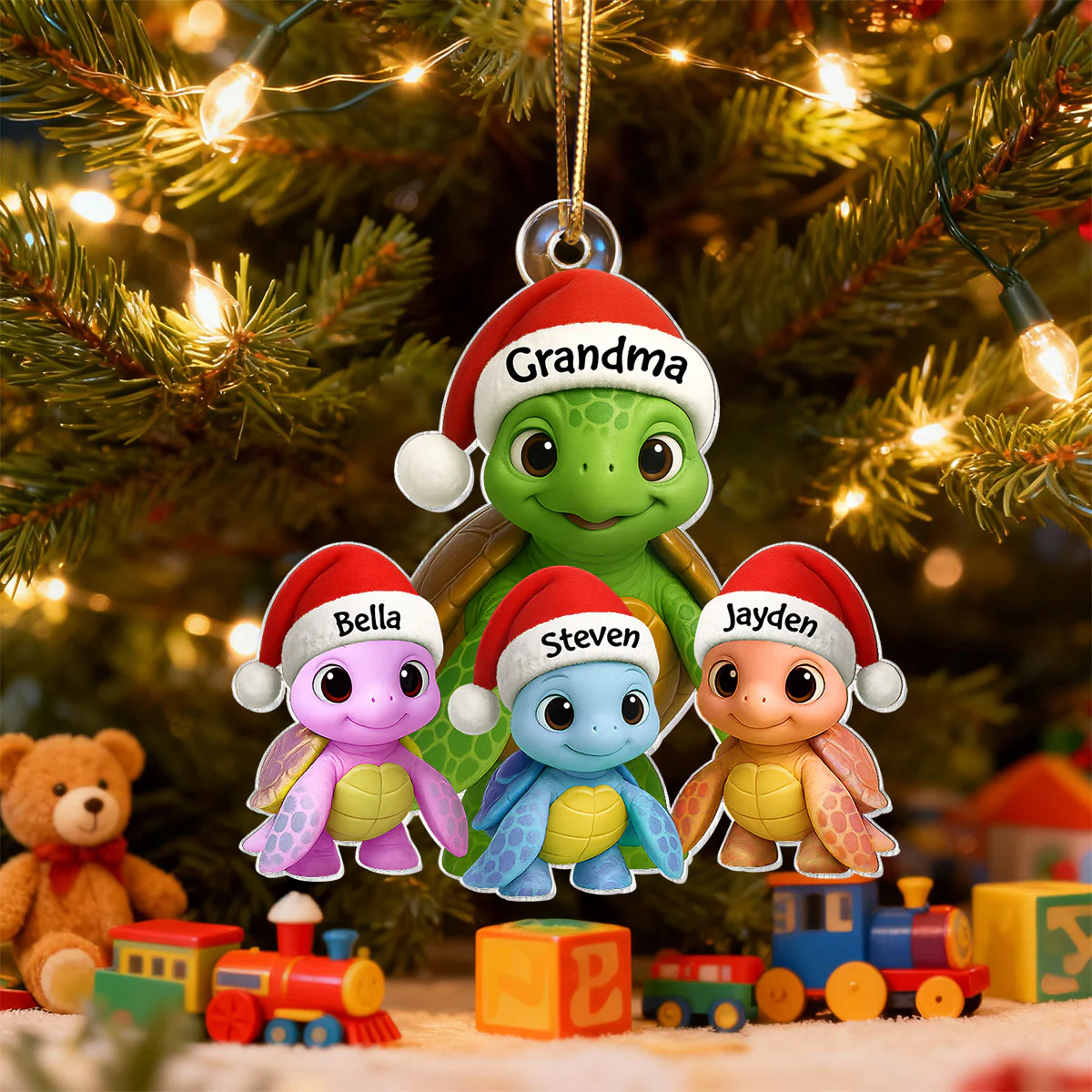 3D Effect Cute Christmas Sea Turtles Grandma And Grandkids - Personalized Acrylic Ornament - Image 8