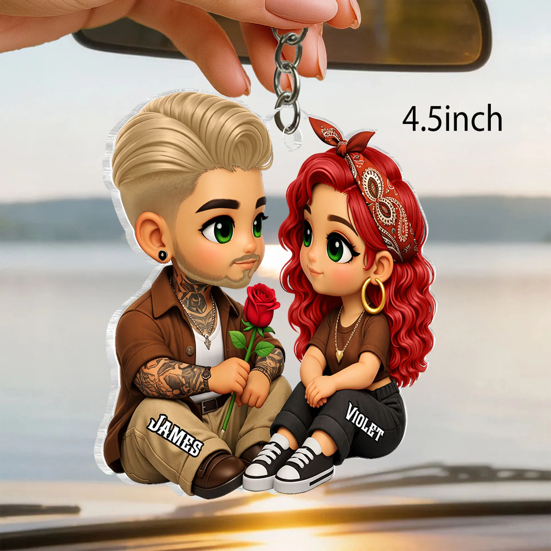 3D Effect Cute Couple A Rose For You - Personalized Acrylic Car Hanger - Valentine's Gift For Him, For Her, For Couple - Image 2