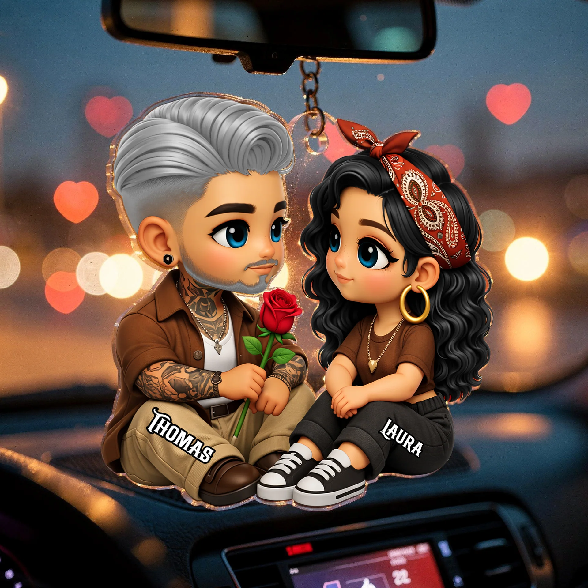 3D Effect Cute Couple A Rose For You - Personalized Acrylic Car Hanger - Valentine's Gift For Him, For Her, For Couple - Image 3