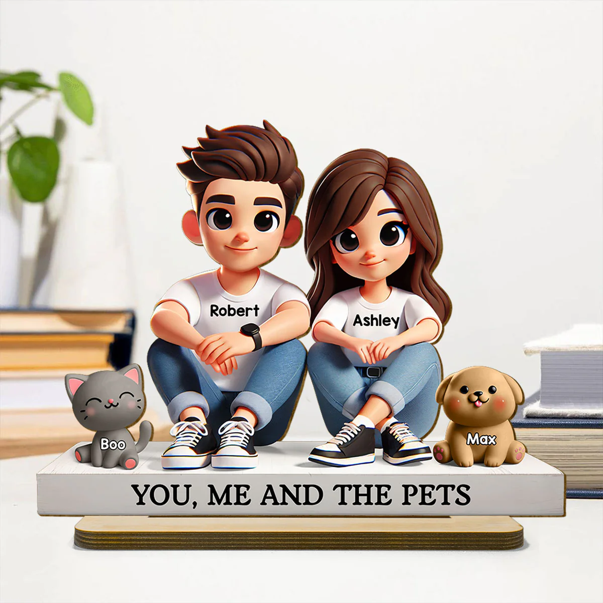 3D Effect Cute Couple And Dogs Cats Personalized Standing Wooden Plaque, Anniversary Gift, gift, Couple Keepsake - Image 2
