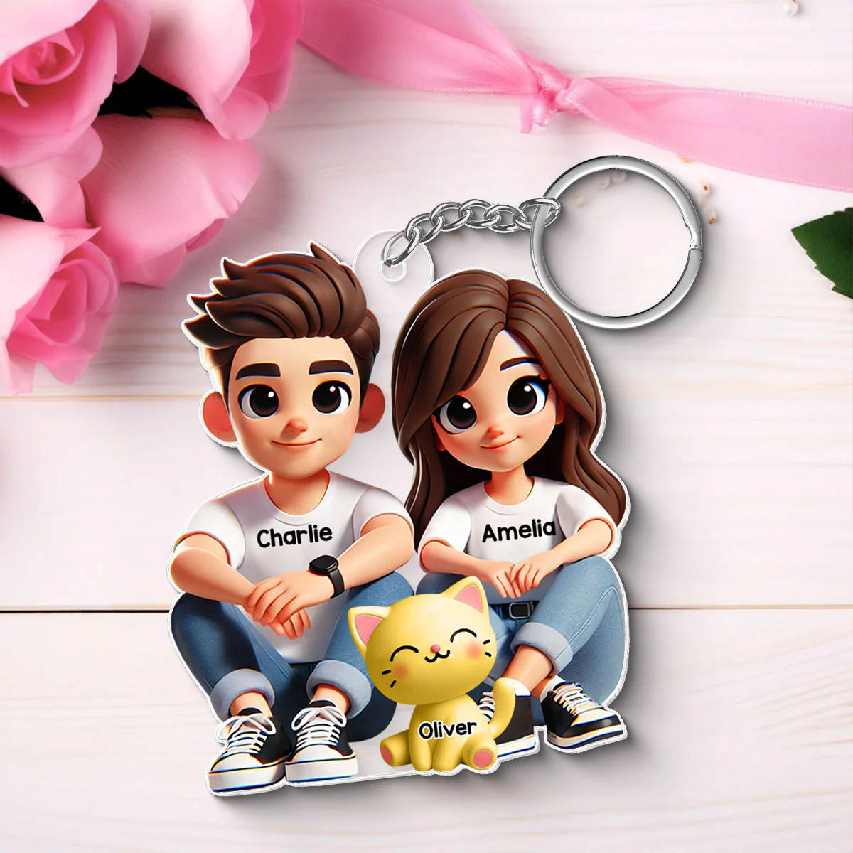 3D Effect Cute Couple And Dogs Cats Sitting Personalized Acrylic Keychain, Anniversary Gift, gift