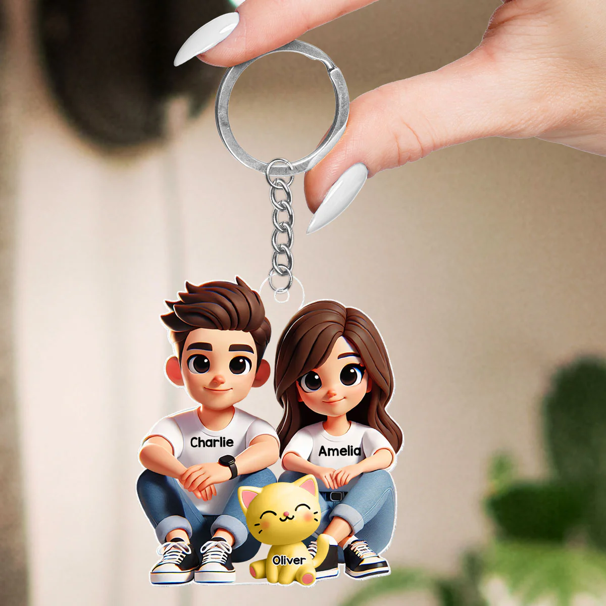 3D Effect Cute Couple And Dogs Cats Sitting Personalized Acrylic Keychain, Anniversary Gift, gift - Image 6
