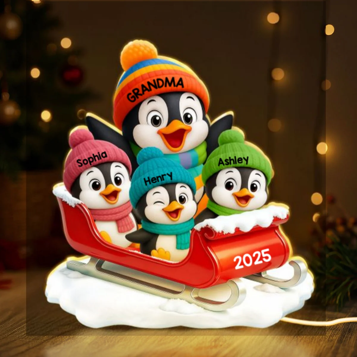 3D Effect Cute Grandma Grandkids Penguin On Sleigh - Personalized Light Box - Image 10