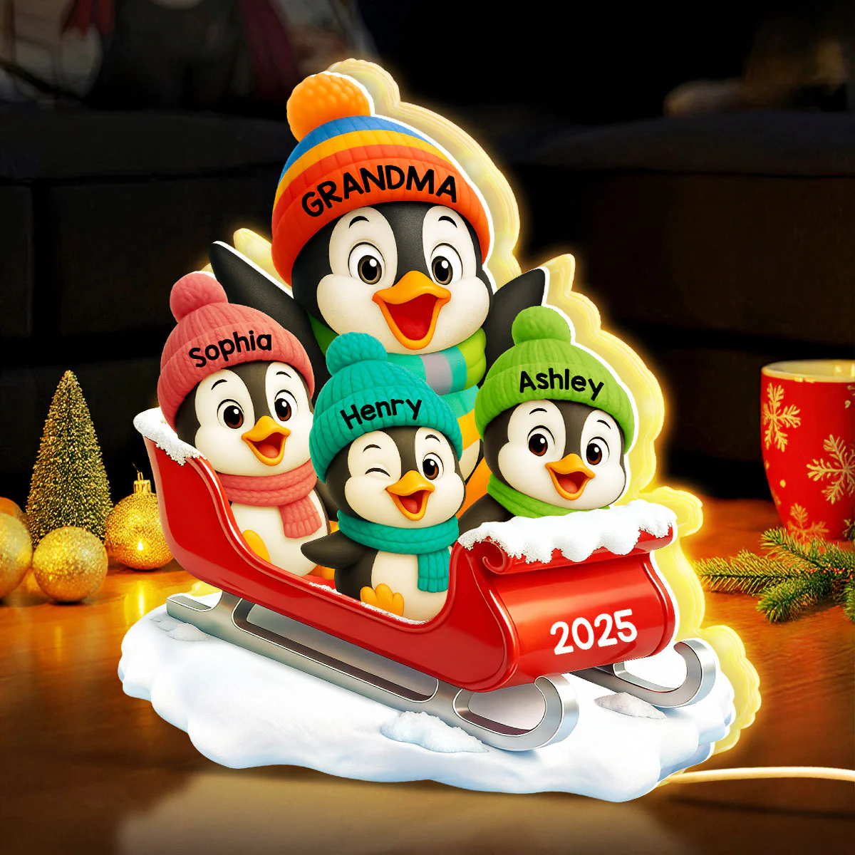 3D Effect Cute Grandma Grandkids Penguin On Sleigh - Personalized Light Box - Image 3