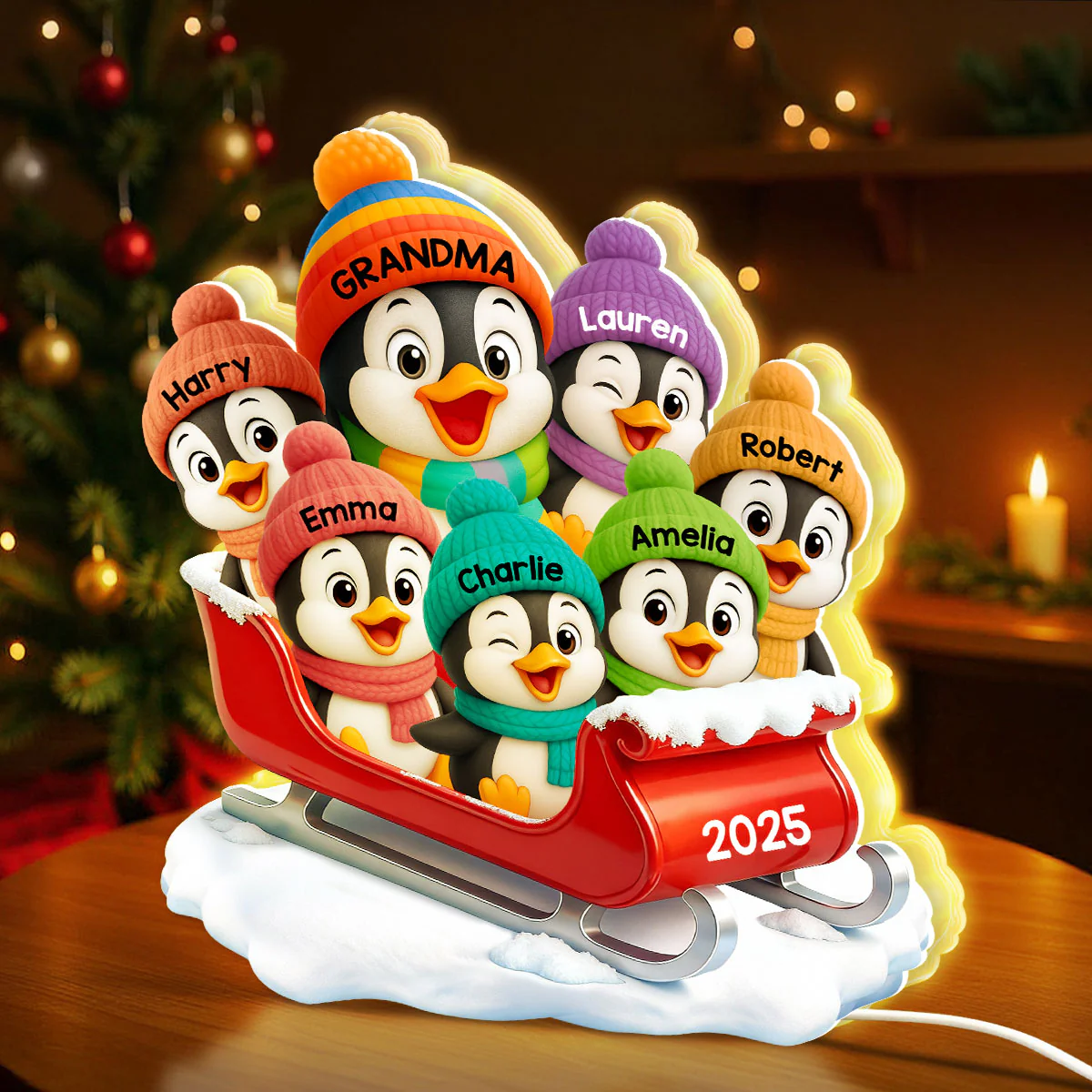 3D Effect Cute Grandma Grandkids Penguin On Sleigh - Personalized Light Box - Image 4