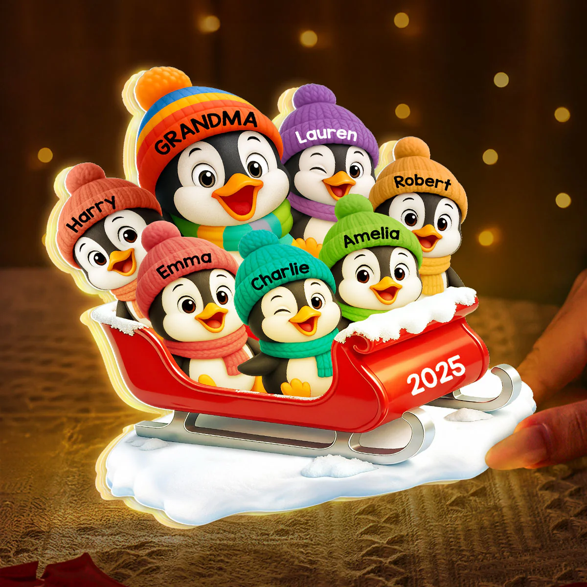 3D Effect Cute Grandma Grandkids Penguin On Sleigh - Personalized Light Box - Image 7