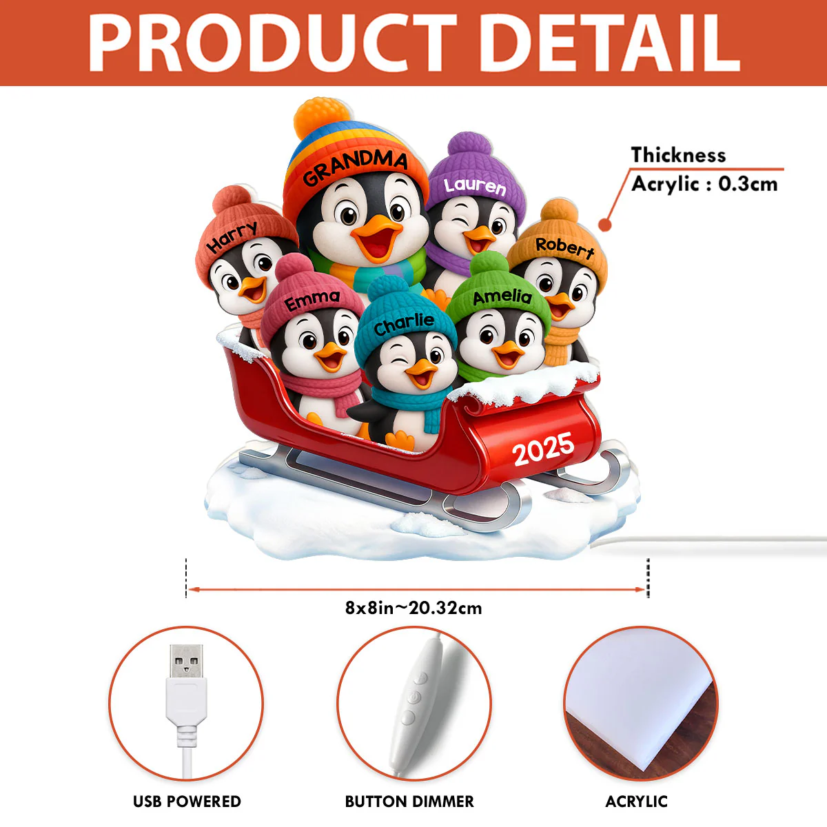 3D Effect Cute Grandma Grandkids Penguin On Sleigh - Personalized Light Box - Image 9