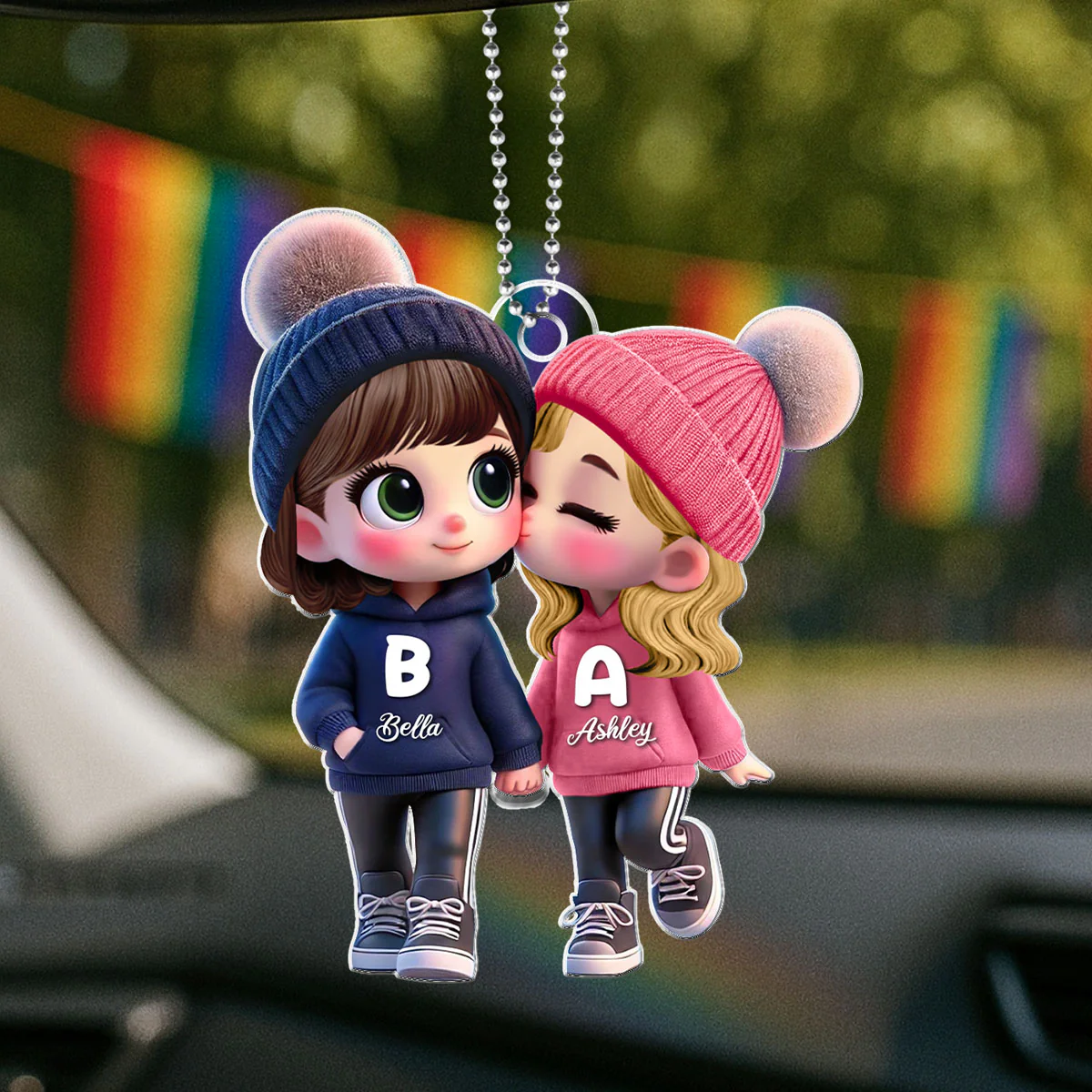 3D Effect Cute LGBTQ Cartoon Couple Summer Vibe Personalized Acrylic Car Ornament, Pride Month Gift - Image 3