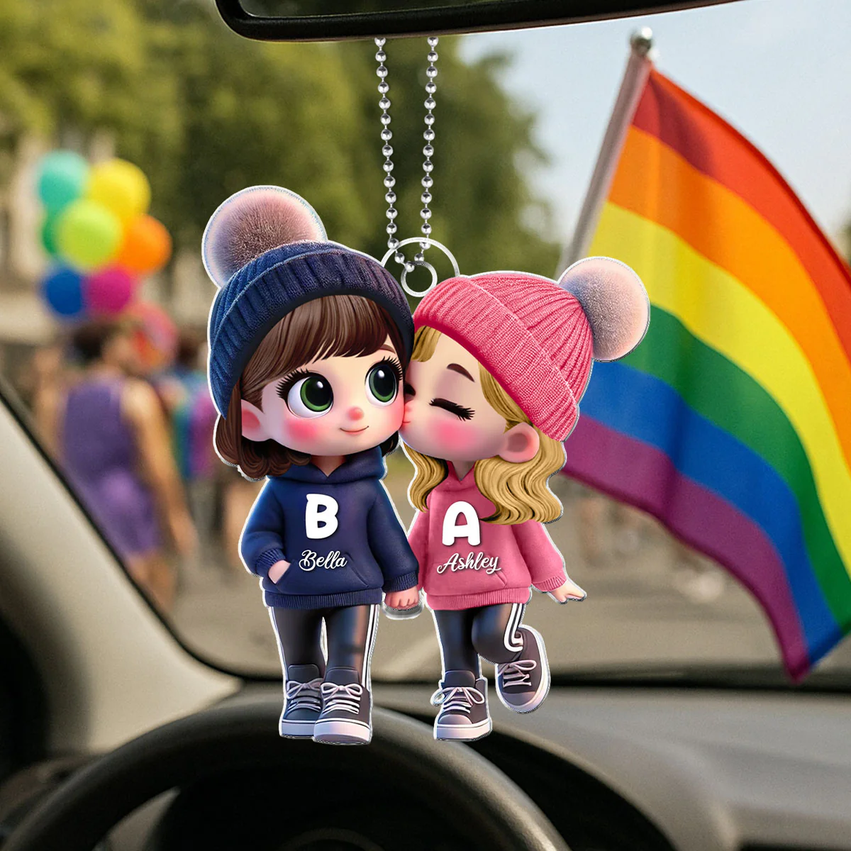 3D Effect Cute LGBTQ Cartoon Couple Summer Vibe Personalized Acrylic Car Ornament, Pride Month Gift - Image 4