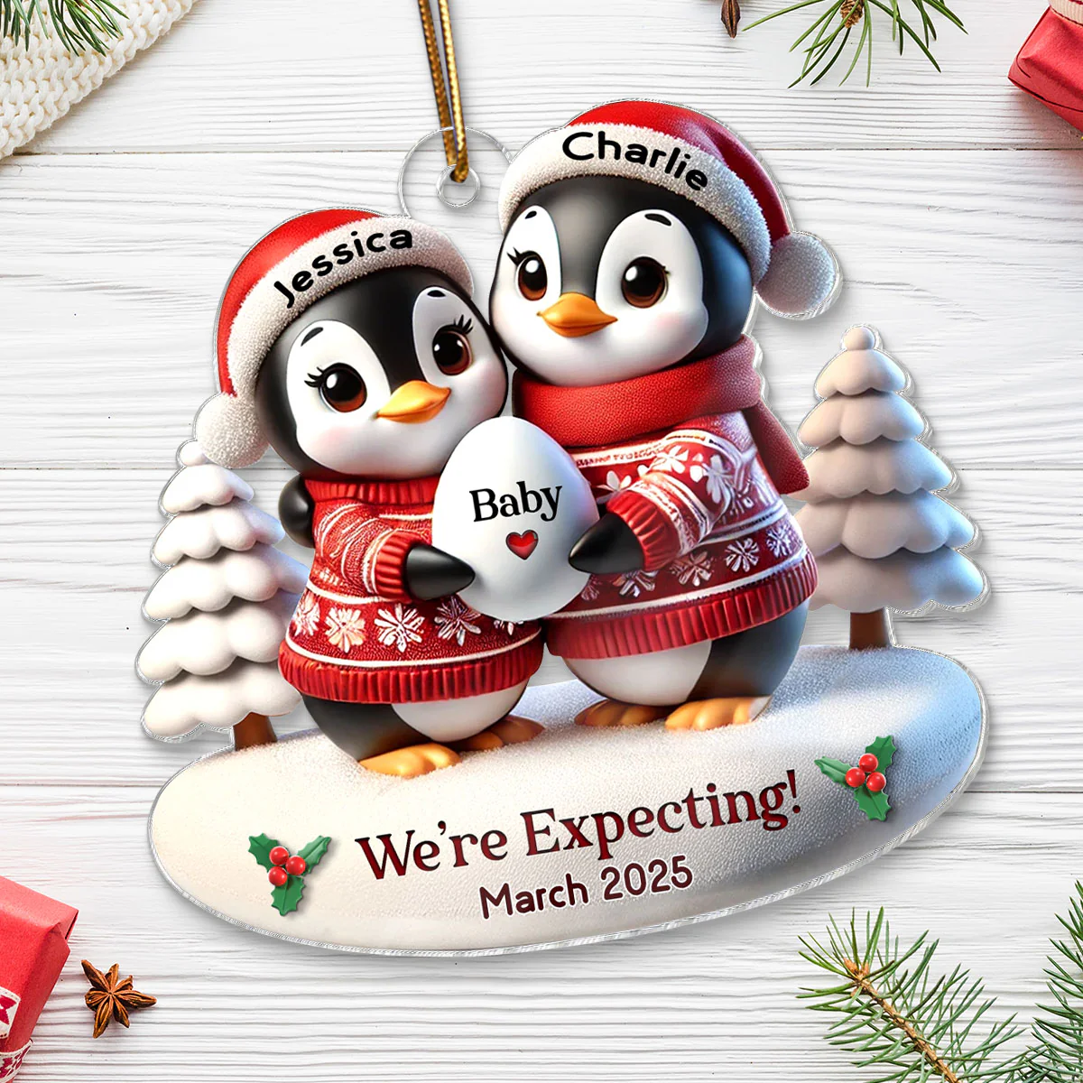 3D Effect Cute Penguin Couple Expecting Parents Pregnancy Announcement Keepsake Personalized Acrylic Ornament - Image 4