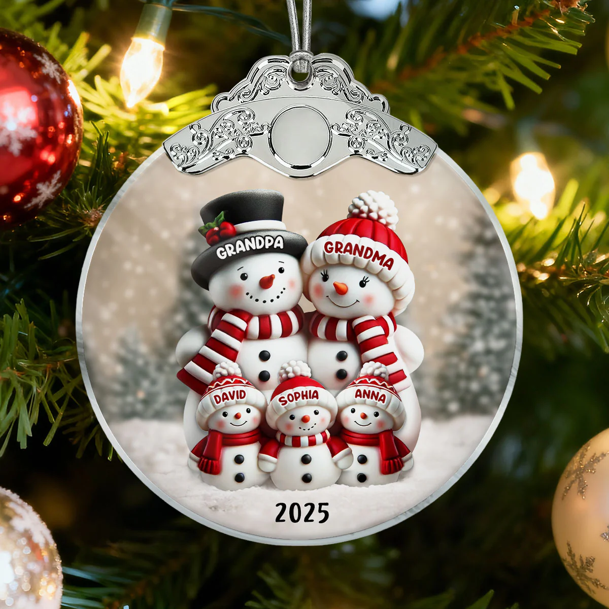 3D Effect Cute Snowman - Personalized Glass Ornament With Silver Cap - Christmas Decor For Family, Grandma, Grandpa - Image 2