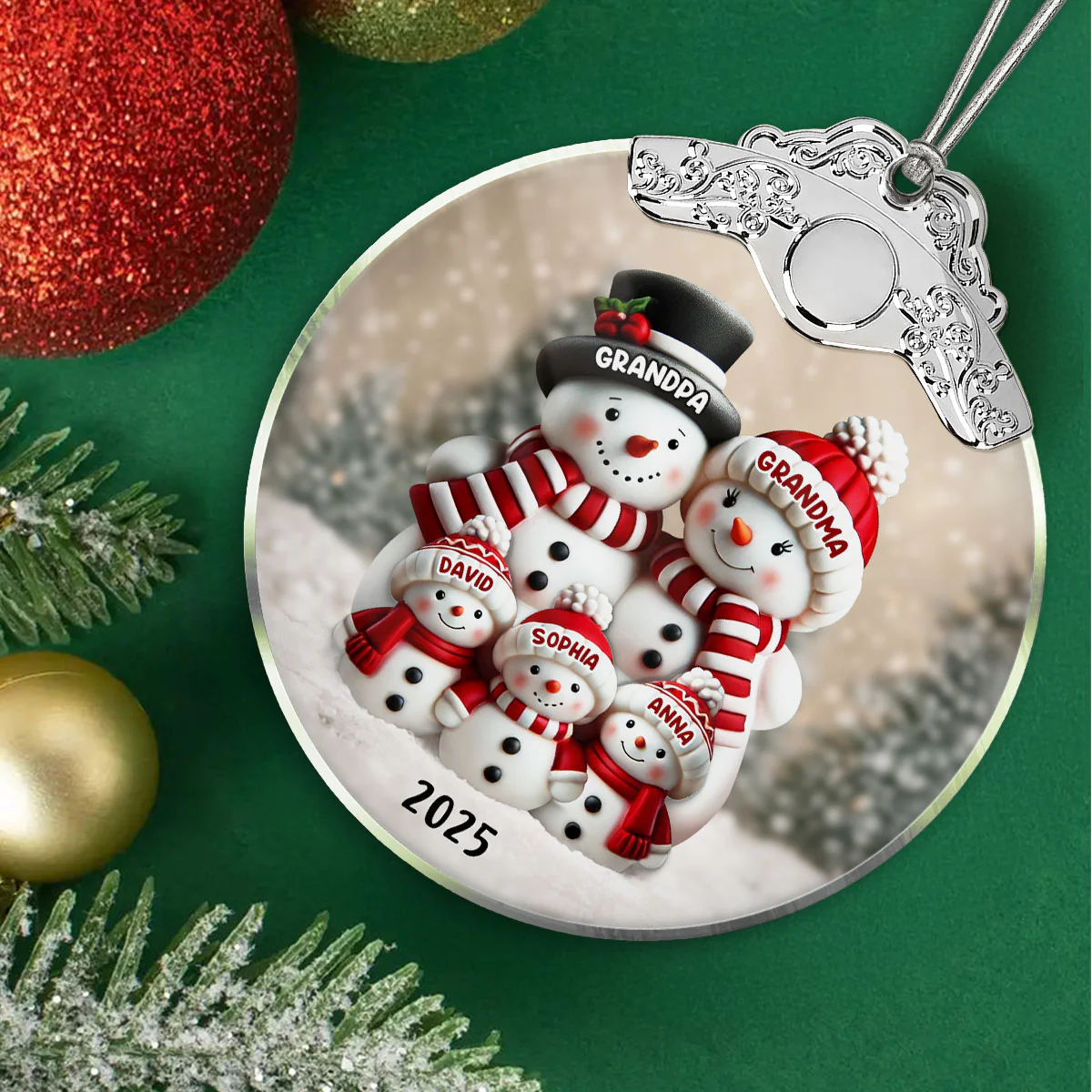 3D Effect Cute Snowman - Personalized Glass Ornament With Silver Cap - Christmas Decor For Family, Grandma, Grandpa - Image 3