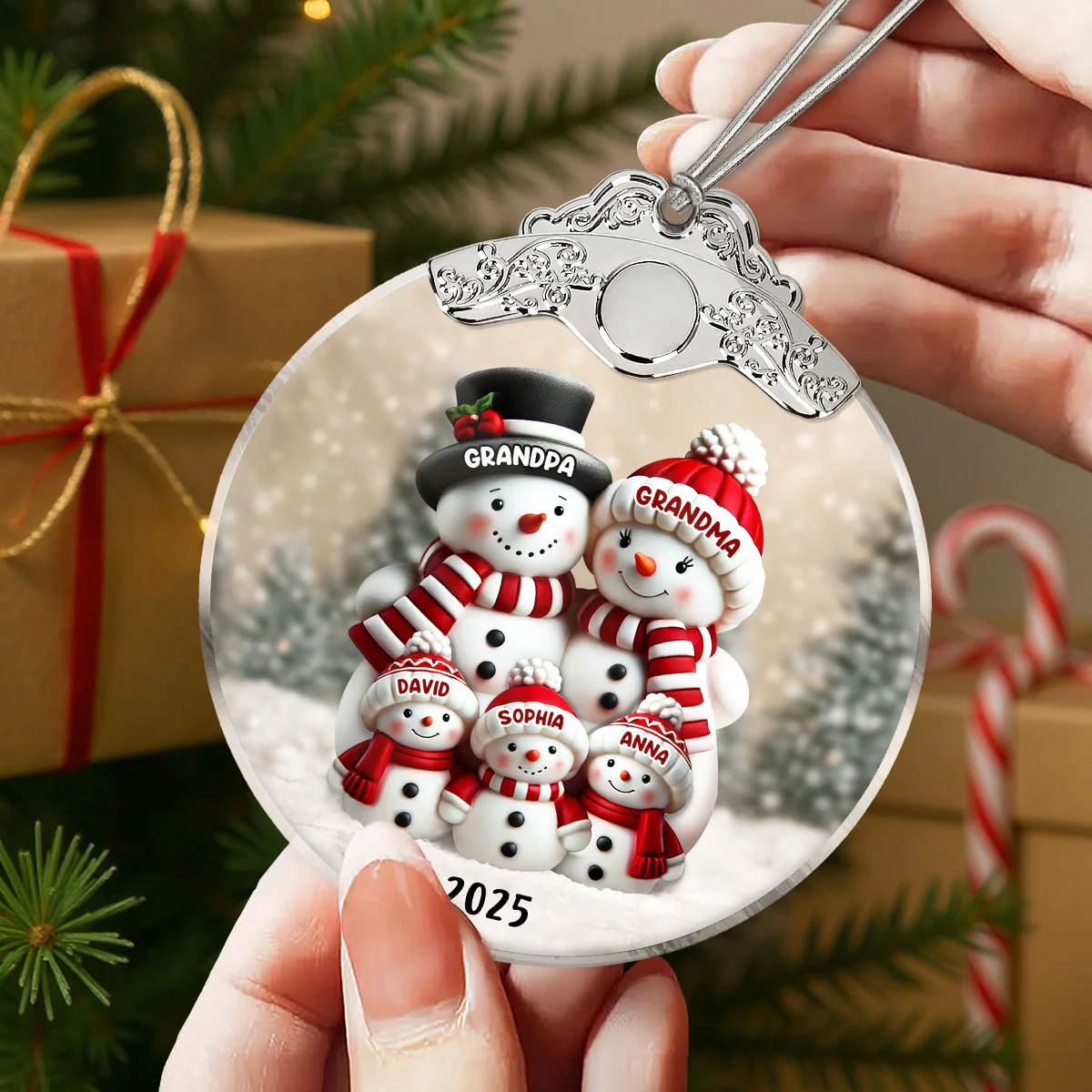 3D Effect Cute Snowman - Personalized Glass Ornament With Silver Cap - Christmas Decor For Family, Grandma, Grandpa - Image 4
