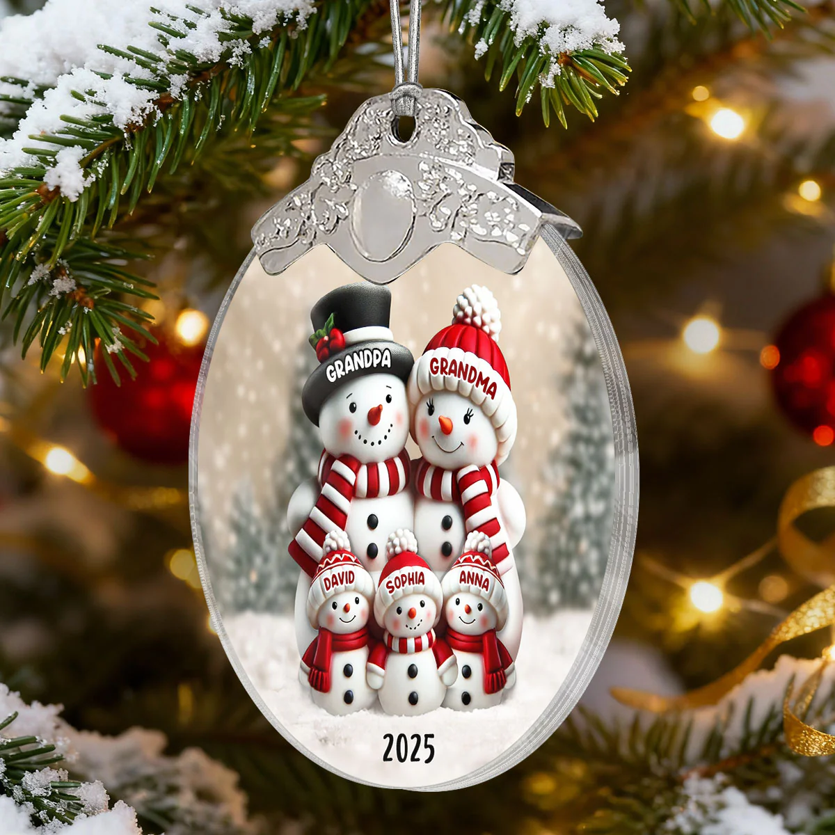3D Effect Cute Snowman - Personalized Glass Ornament With Silver Cap - Christmas Decor For Family, Grandma, Grandpa - Image 5