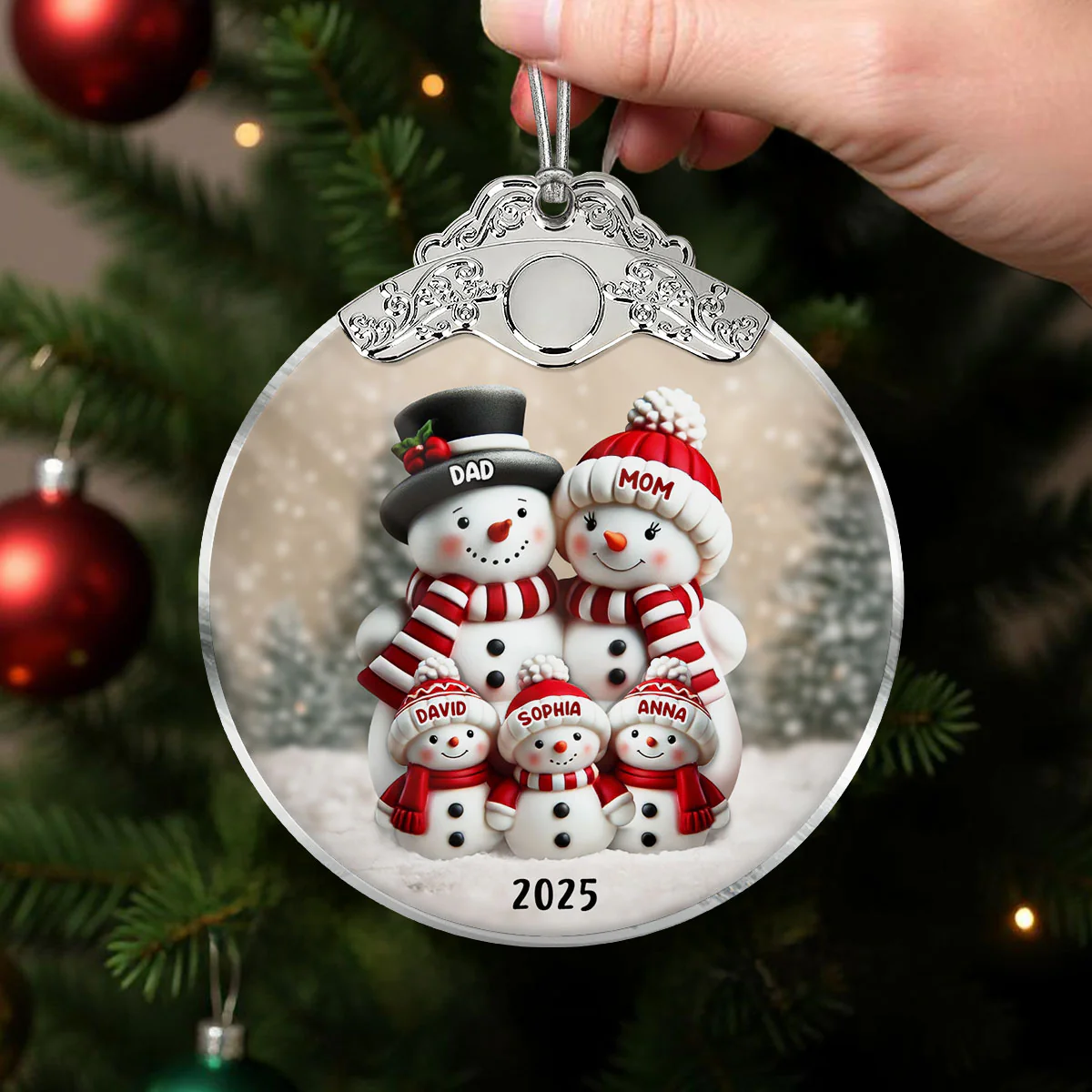 3D Effect Cute Snowman - Personalized Glass Ornament With Silver Cap - Christmas Decor For Family, Grandma, Grandpa - Image 7