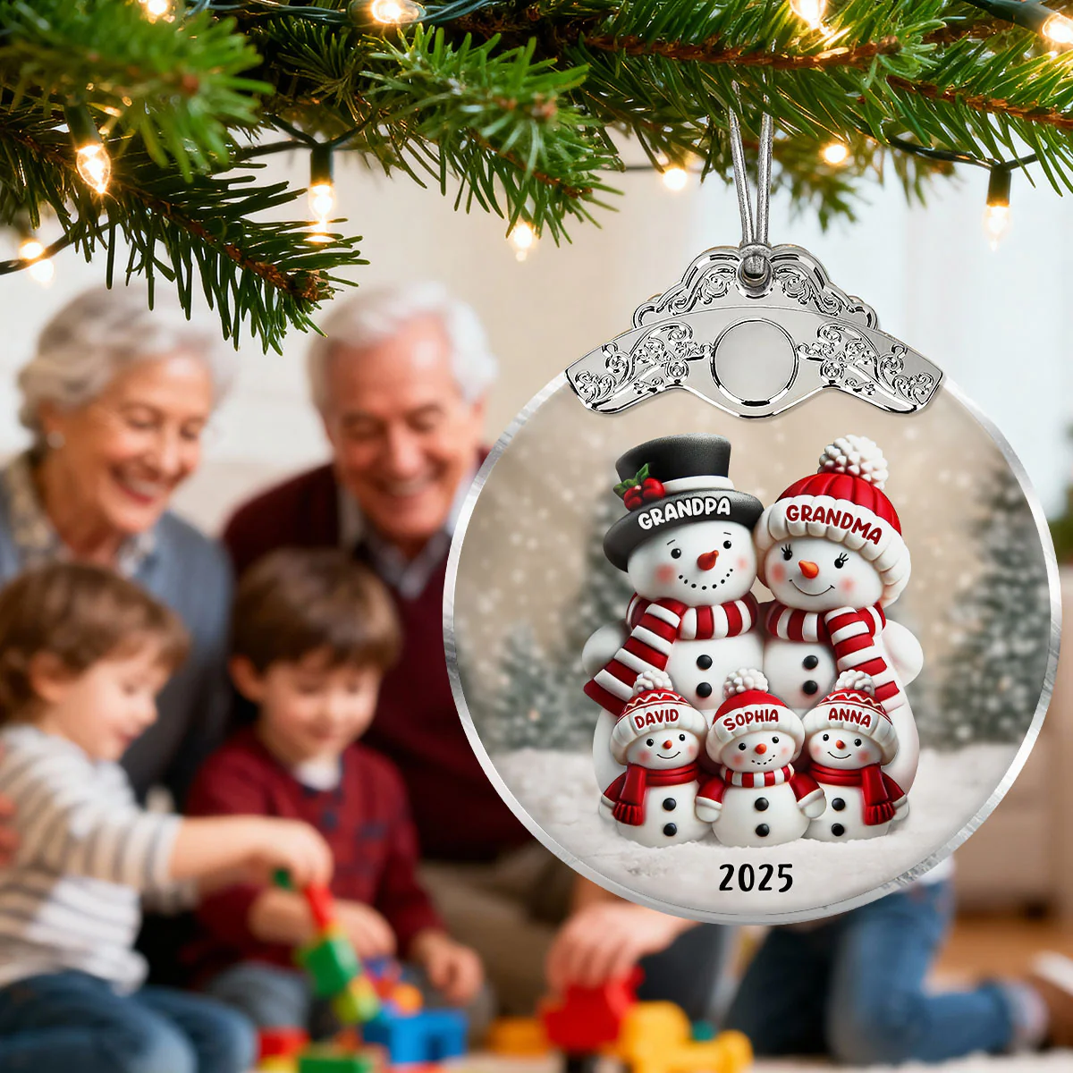 3D Effect Cute Snowman - Personalized Glass Ornament With Silver Cap - Christmas Decor For Family, Grandma, Grandpa - Image 9