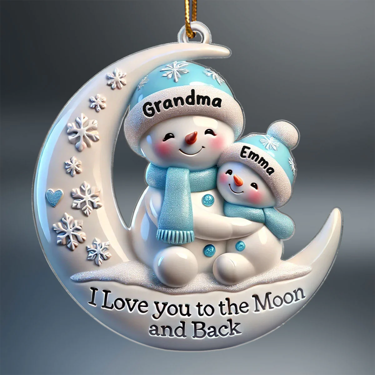 3D Effect Cute Snowmen Grandma & Hugging Grandkid On The Moon Personalized Acrylic Ornament, Christmas Gift For Granddaughter, Grandson - Image 2